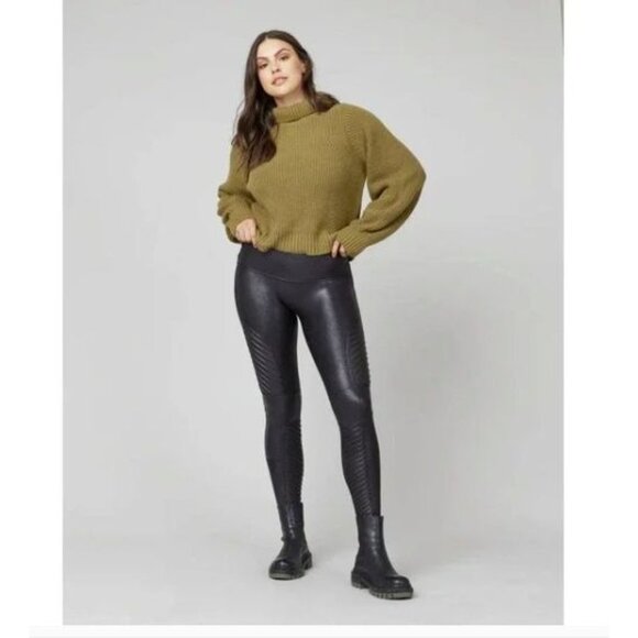 SPANX Pants - Spanx Women's Black Faux Leather Moto High Rise Full Length Leggings Size L 1544